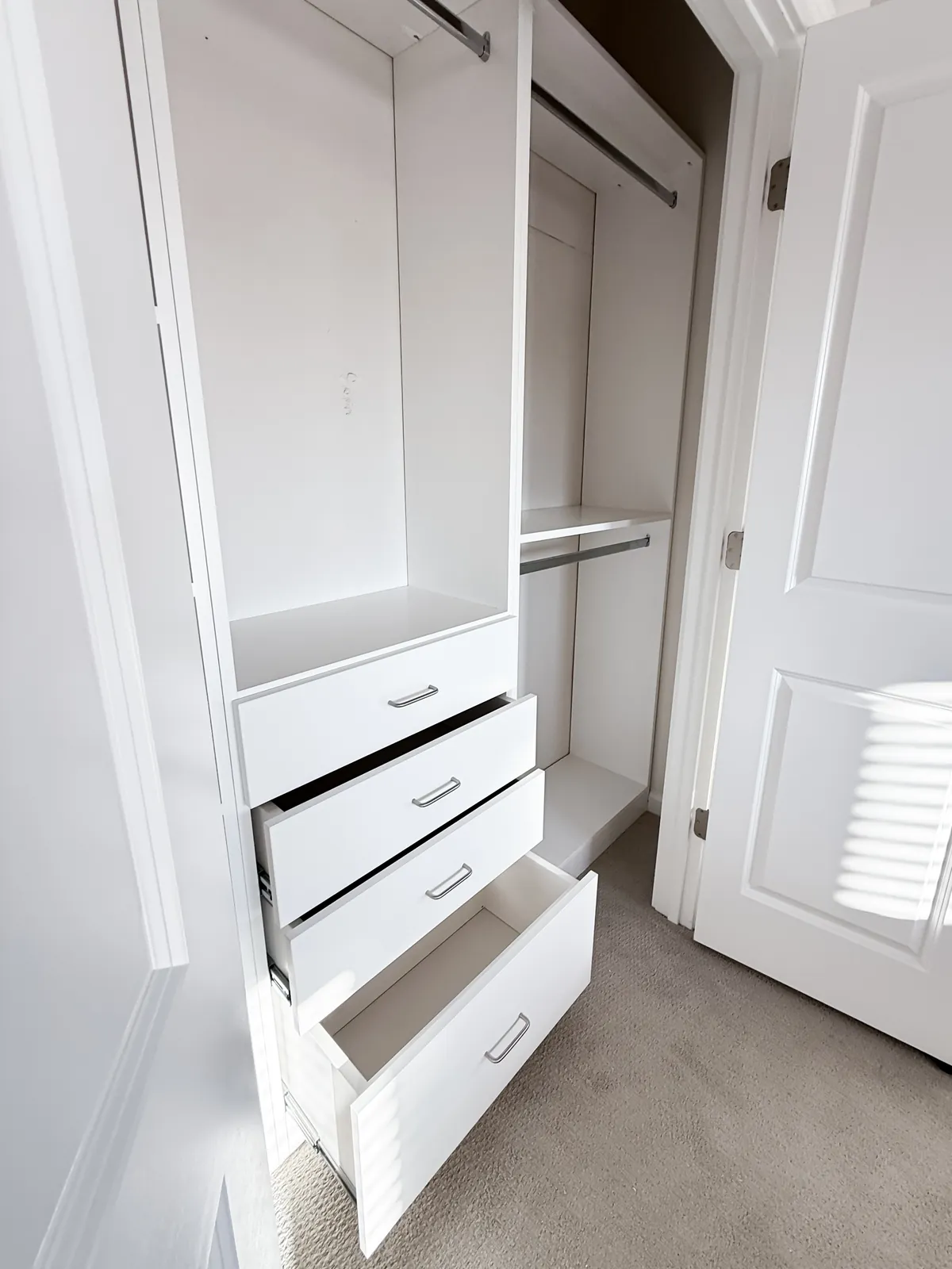 Bright Reach-In Closet with Drawer Storage — finished view 1
